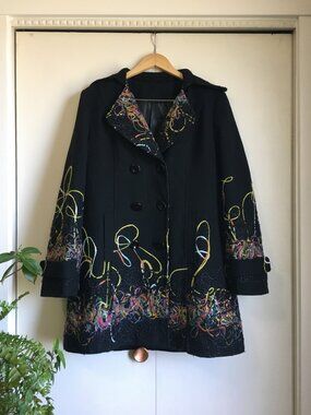 Vintage Black Double Breasted Magic Art Teacher Wool Coat Large